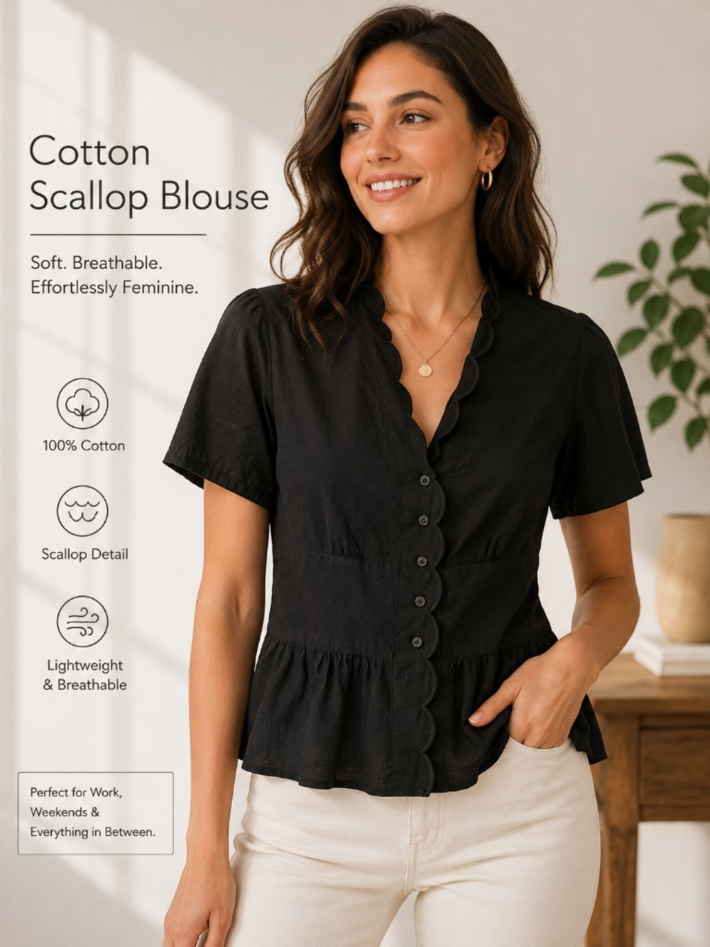 Isaac Mizrahi Black Cotton Scallop Blouse